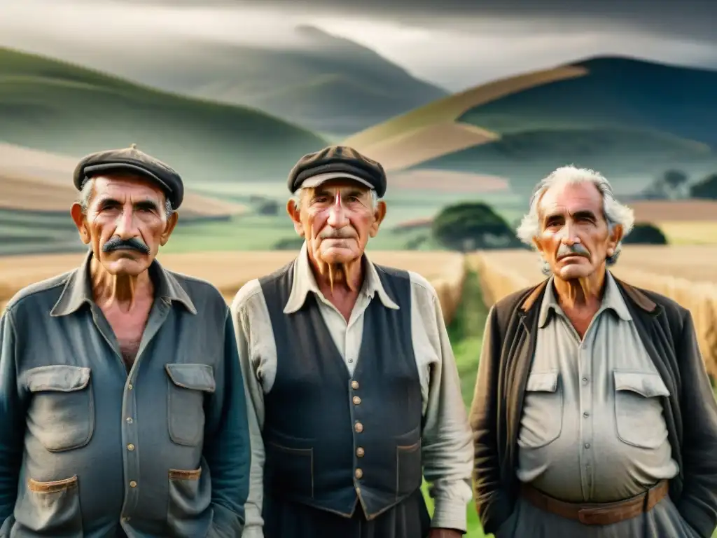 Un retrato impactante de agricultores uruguayos en blanco y negro, capturando la dureza y la resiliencia en sus rostros