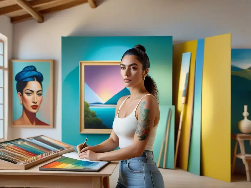 Retratos contemporáneos arte uruguayo: artista en estudio lleno de luz, pinturas vibrantes y esculturas abstractas, creando con pasión y modernidad