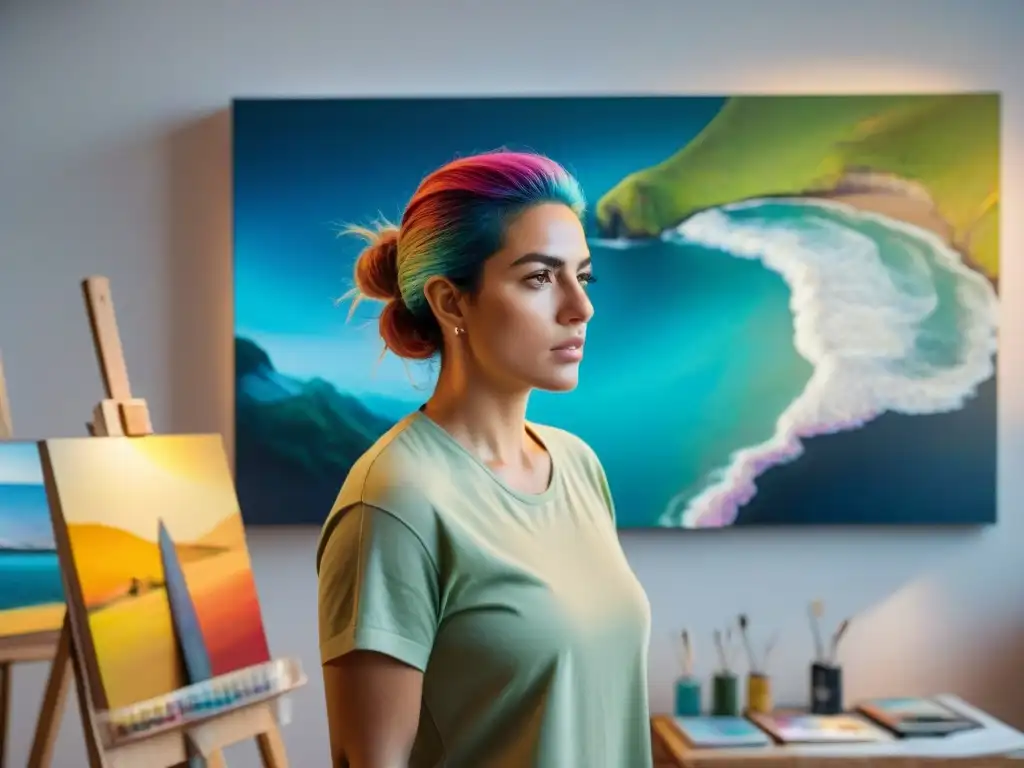 Retratos contemporáneos arte uruguayo: Joven artista uruguaya con cabello colorido y obras abstractas en estudio luminoso