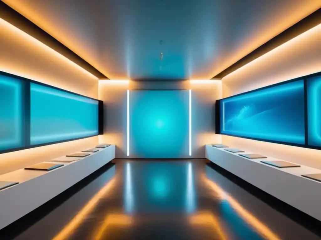 Una sala de archivos digitales futurista con arte contemporáneo de Uruguay en hologramas brillantes y diseño blanco y plateado