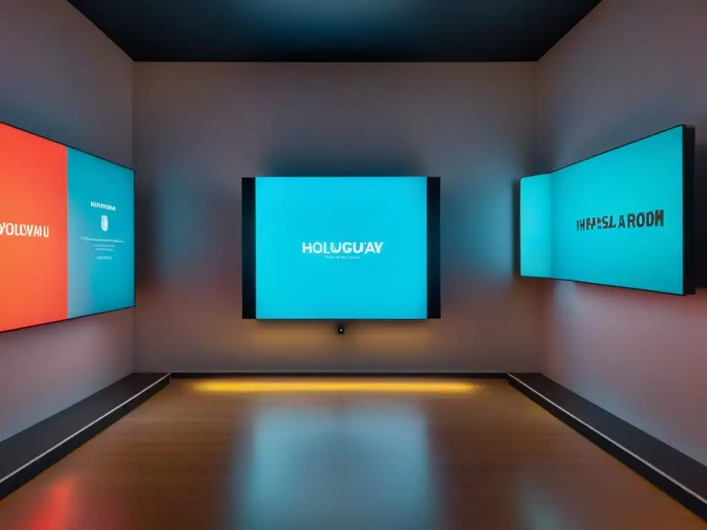 Sala futurista con arte uruguayo en hologramas, preservación arte contemporáneo Uruguay