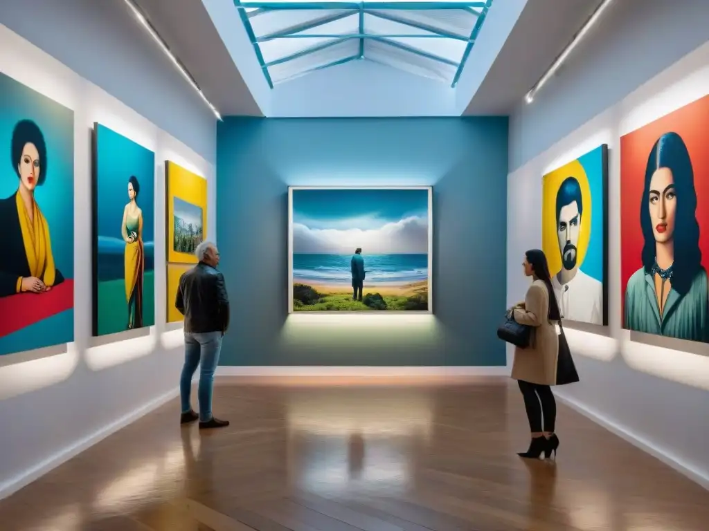 Arte contemporáneo en galería uruguaya: vibrante y acogedora 'Salón de arte en Uruguay: Espacios emergentes arte contemporáneo Uruguay, visitantes y obras vibrantes en un entorno dinámico