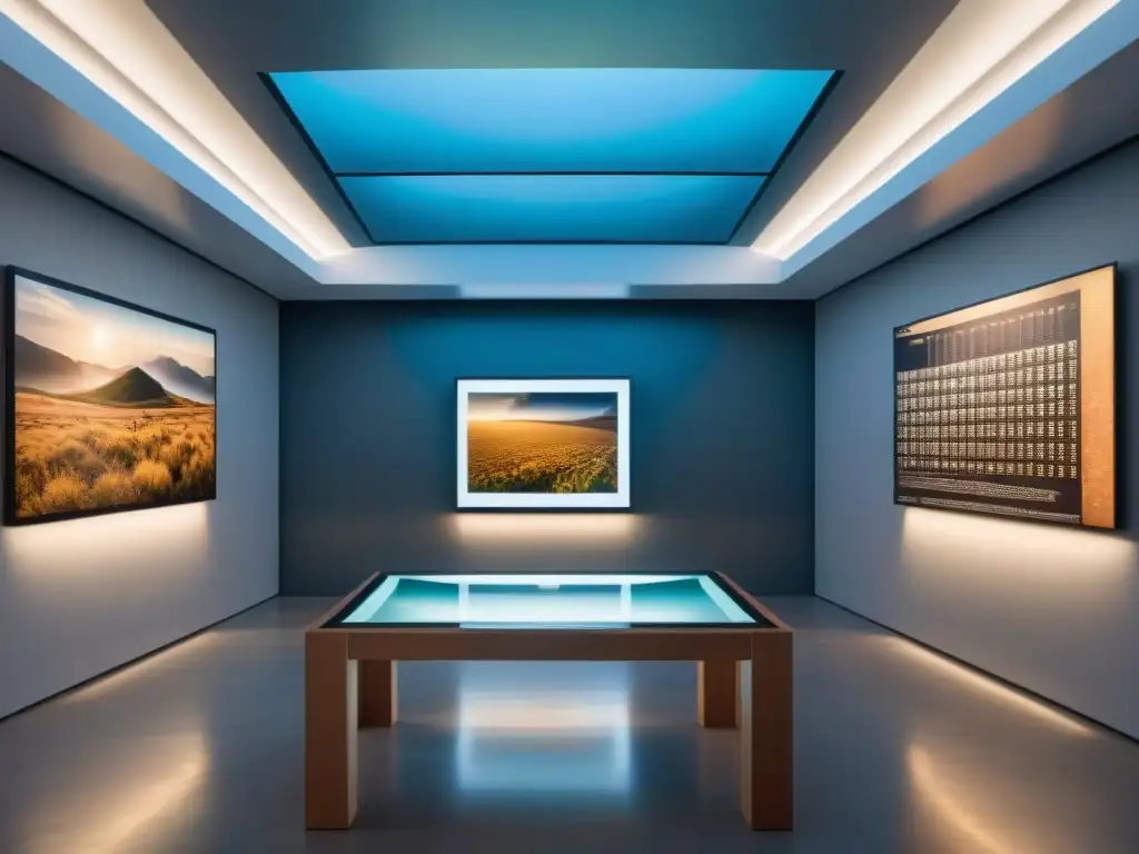 Salón futurista con archivos digitales de arte contemporáneo en Uruguay