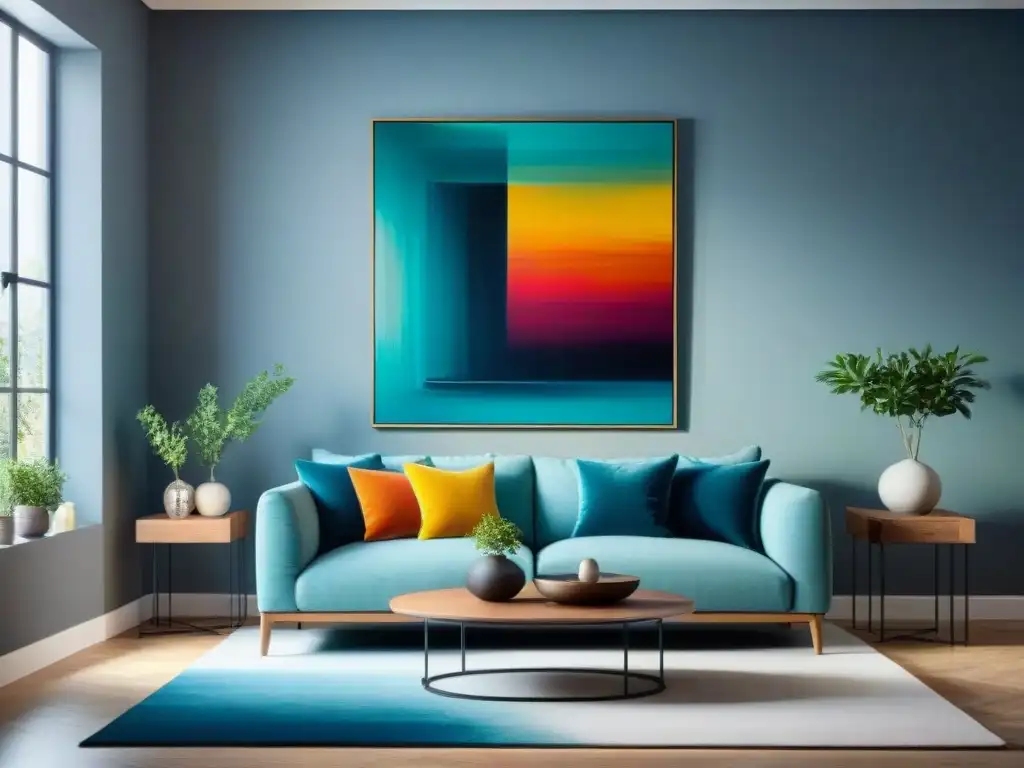 Un salón moderno con una pintura abstracta colorida como punto focal en la pared, ideal para usar Kits de arte contemporáneo en casa