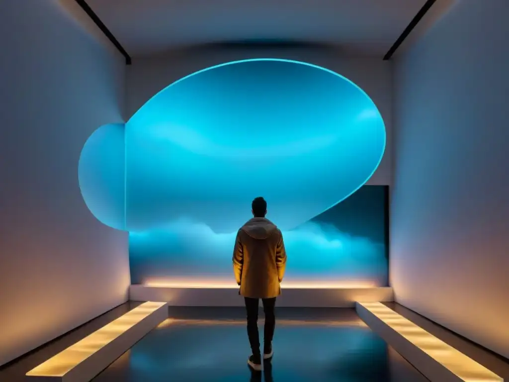 Instalación sensorial de arte contemporáneo uruguayo con luces, sonidos y proyecciones digitales en una galería moderna