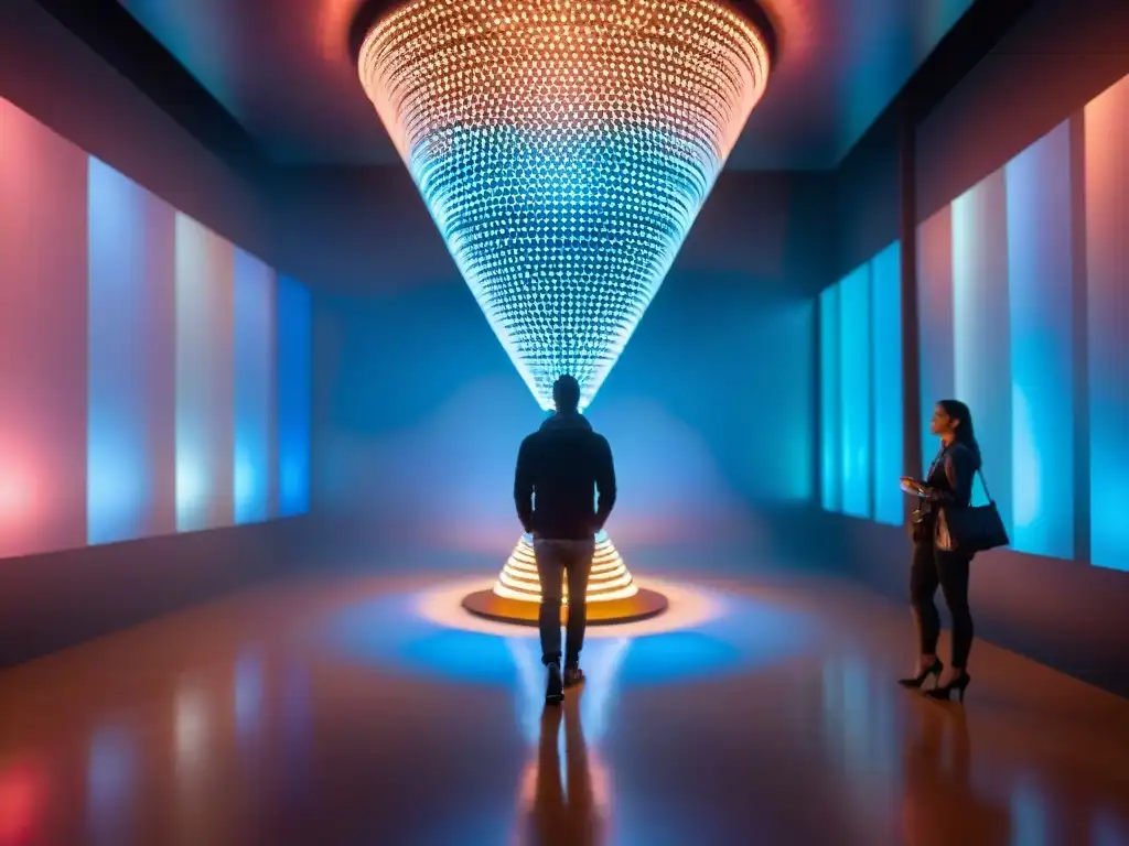 Instalación sensorial de arte contemporáneo uruguayo con escultura cinética y luces interactivas vibrantes