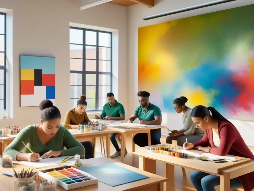 Un taller de arte contemporáneo como herramienta educativa: estudiantes de diversas edades y etnias colaborando en una colorida obra mural