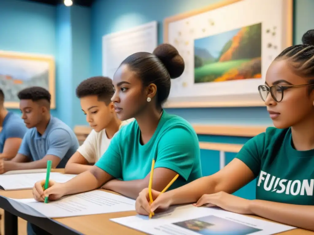 Un taller de arte contemporáneo en el que niños de diferentes culturas colaboran en una obra colorida, reflejando el impacto del arte en la sociedad