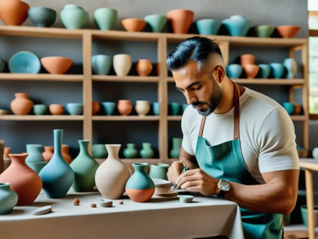 Taller de cerámica arte uruguayo: Artistas crean piezas únicas en un ambiente creativo y colaborativo, rodeados de coloridas cerámicas