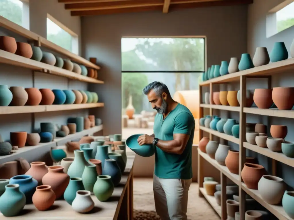 Un taller de cerámica arte uruguayo: artistas concentrados en sus creaciones rodeados de coloridas piezas y herramientas, bañados por luz natural