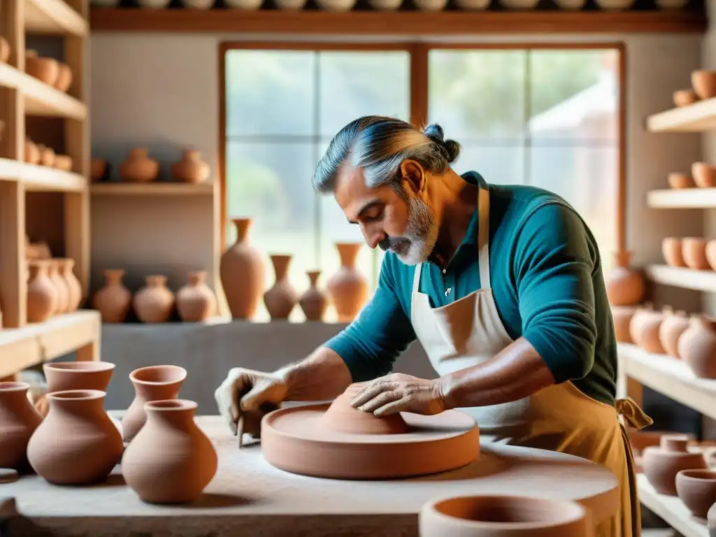 Un taller de cerámica en Uruguay, con un artesano moldeando arcilla en el torno