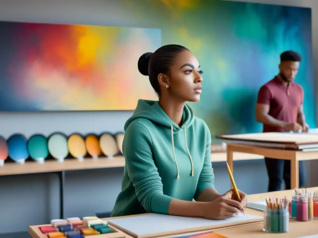 Un taller de pintura arte contemporáneo: estudiantes concentrados en sus lienzos, rodeados de colores vibrantes y suministros de arte