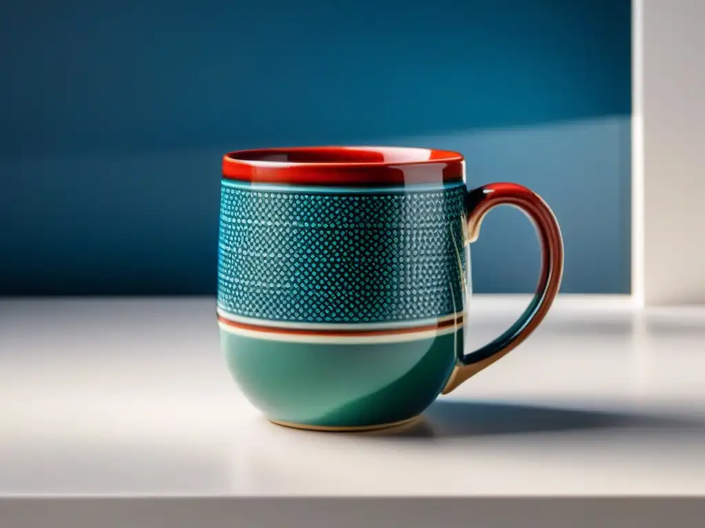 Taza de cerámica inspirada en arte uruguayo contemporáneo, con patrones geométricos vibrantes