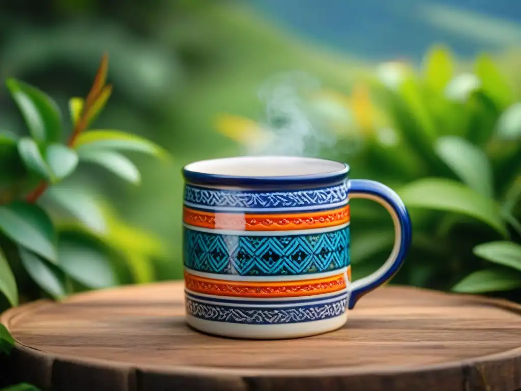 Una taza de cerámica pintada a mano con diseños uruguayos, en un entorno natural, fusionando arte y cultura en el merchandising de artistas uruguayos