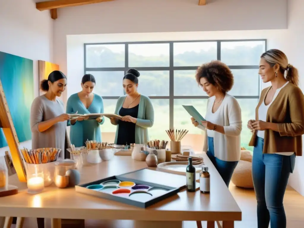 Sesión de terapia creativa en arte contemporáneo en Uruguay, con participantes concentrados y felices en un estudio luminoso