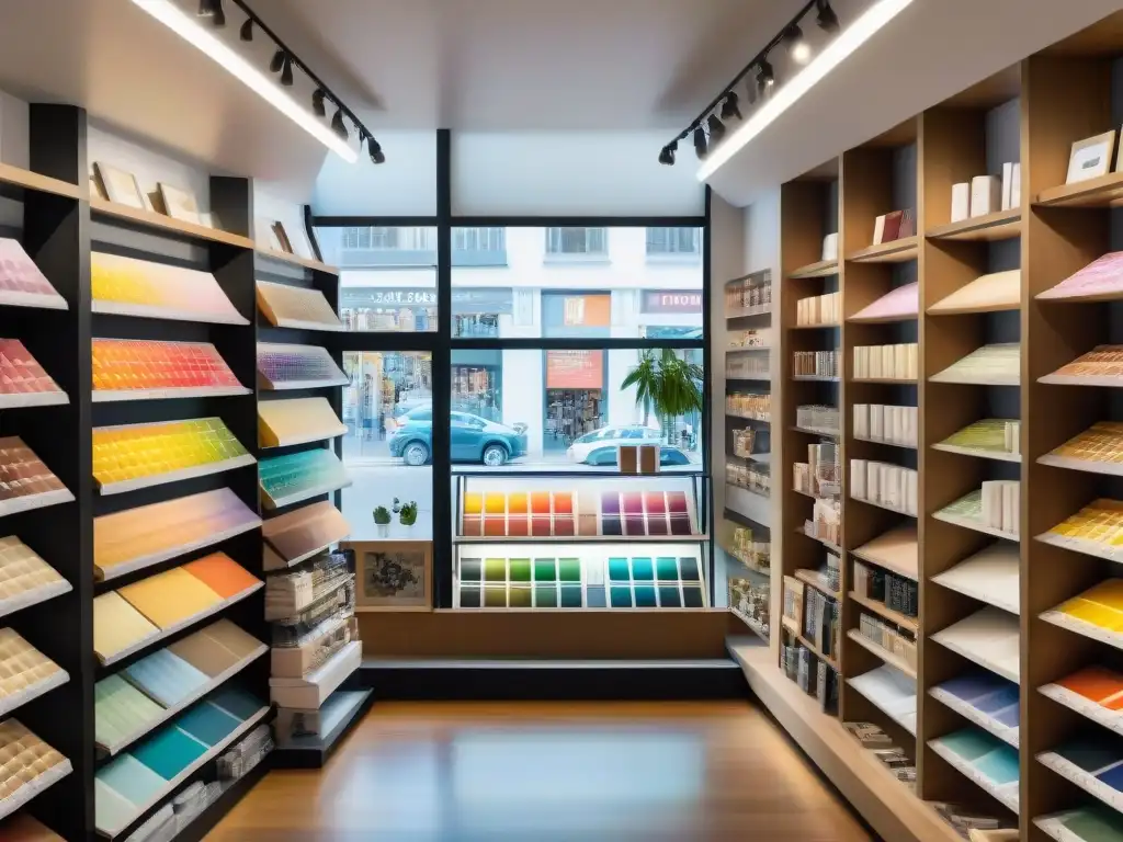 Una tienda de arte bulliciosa en Montevideo, llena de colores vibrantes y clientes inspirados