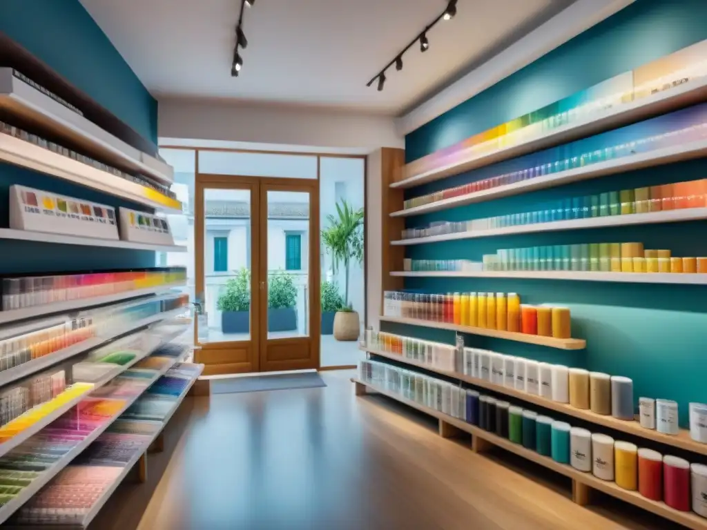 Una tienda de materiales artísticos en Uruguay con una amplia gama de productos coloridos exhibidos en estantes, clientes explorando y personal atento