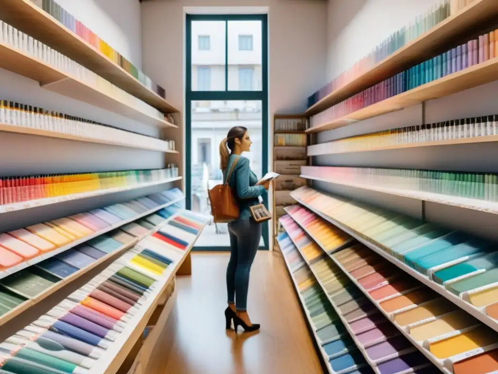 Una tienda de materiales artísticos en Uruguay rebosante de vida y colores, con estantes llenos de productos