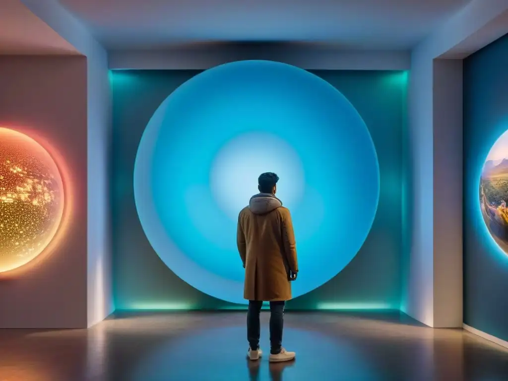 Vibrante archivo digital arte contemporáneo Uruguay: exposición futurista con instalaciones interactivas y proyecciones coloridas