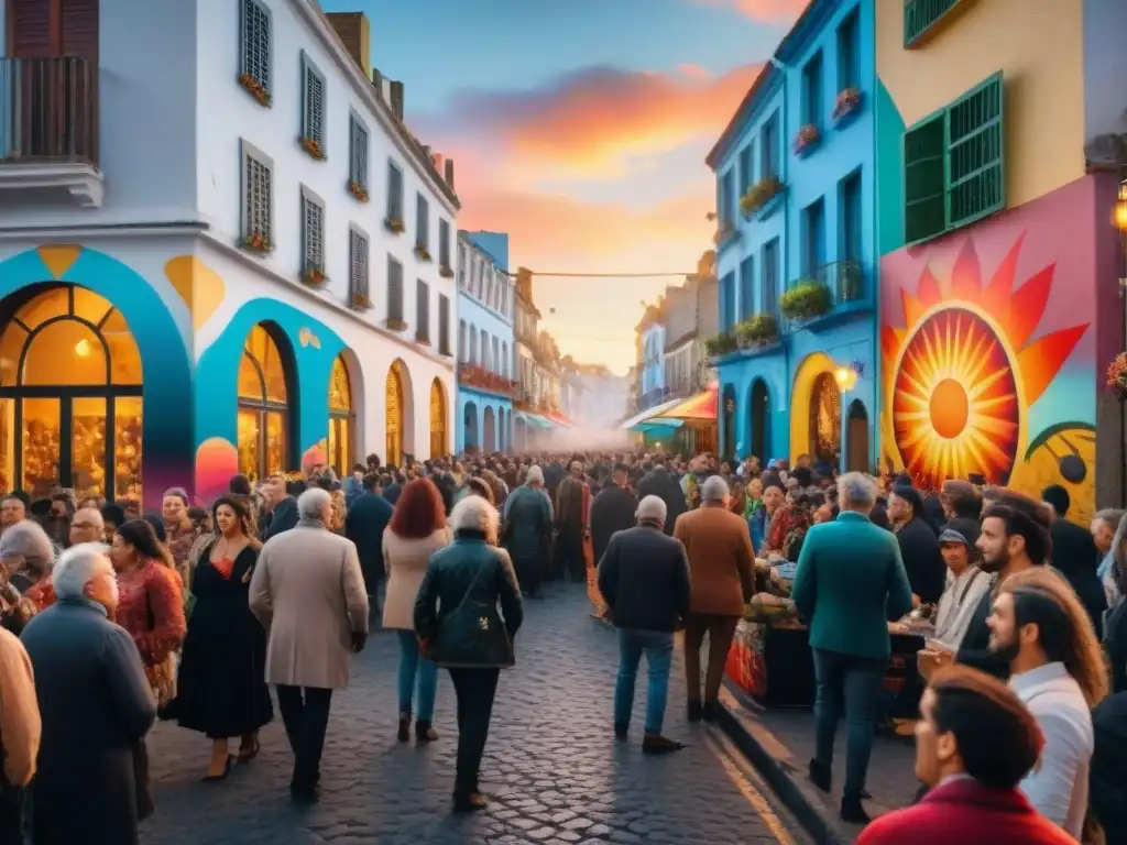 Vibrante arte callejero en Uruguay durante festivales, con murales coloridos y energía festiva al atardecer