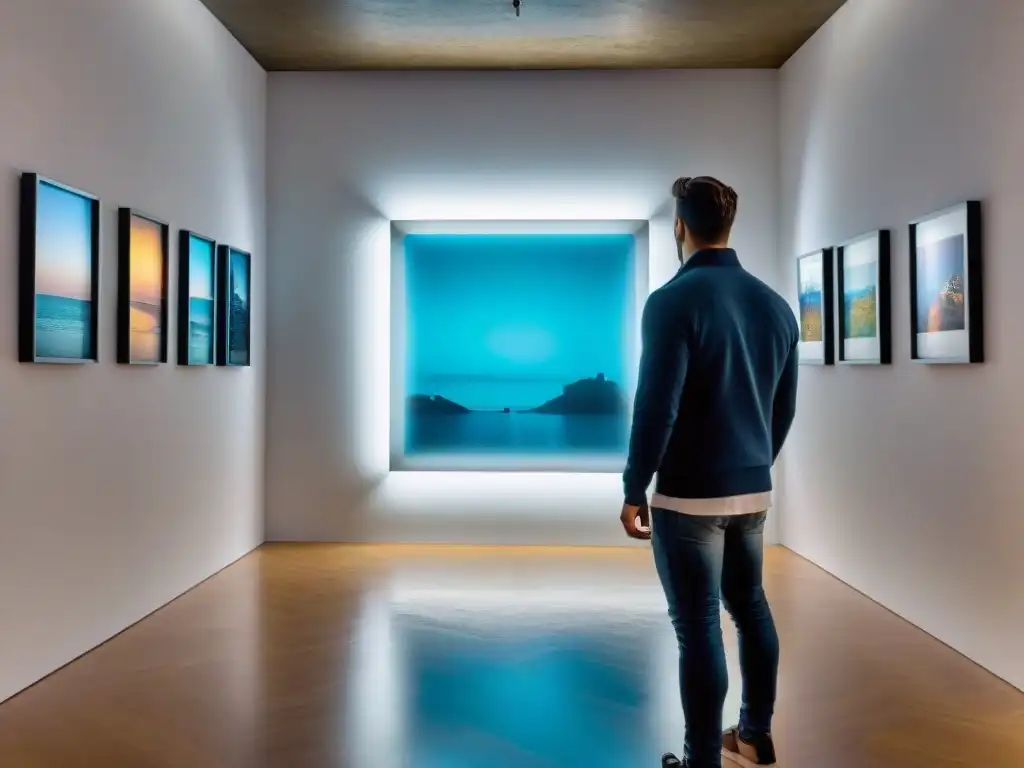 Vibrante galería de arte contemporáneo en Uruguay con elementos digitales y visitantes cautivados