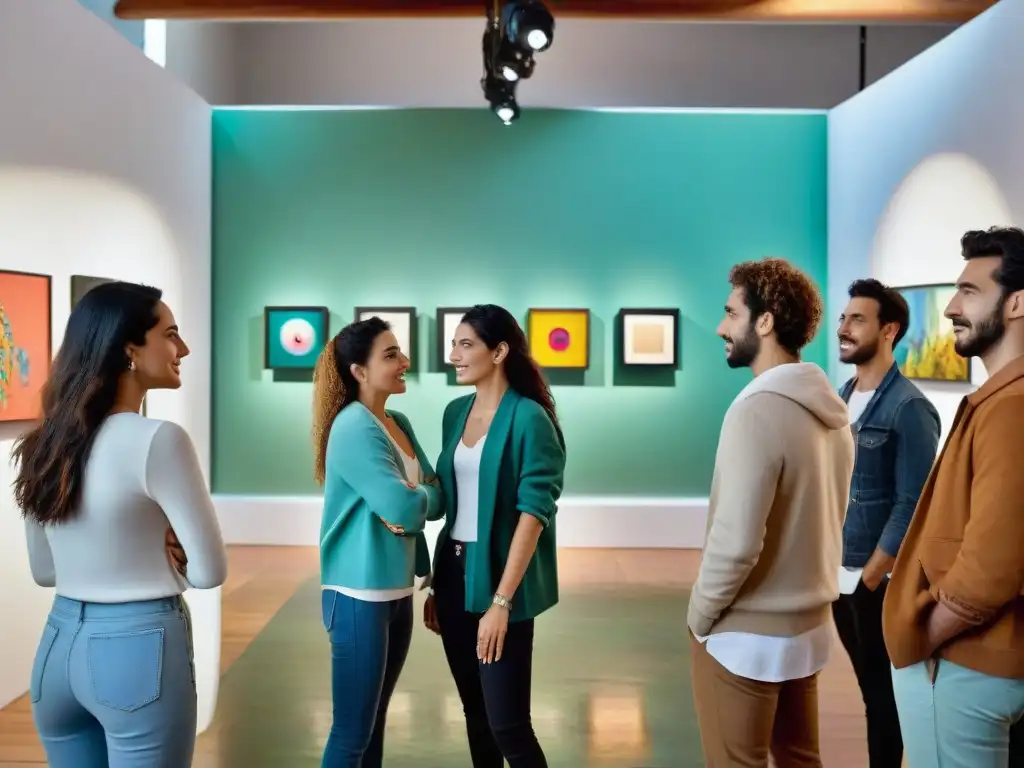 Vibrante colección de arte contemporáneo Uruguay con jóvenes artistas discutiendo apasionadamente en galería