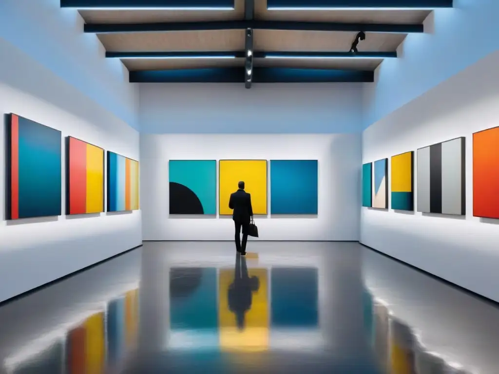 Vibrante galería de arte contemporáneo en Uruguay con obras abstractas coloridas y visitantes inmersos en conversaciones profundas