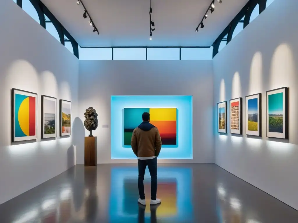 Vibrante galería de arte contemporáneo en Uruguay con obras coloridas y visitantes apreciando piezas