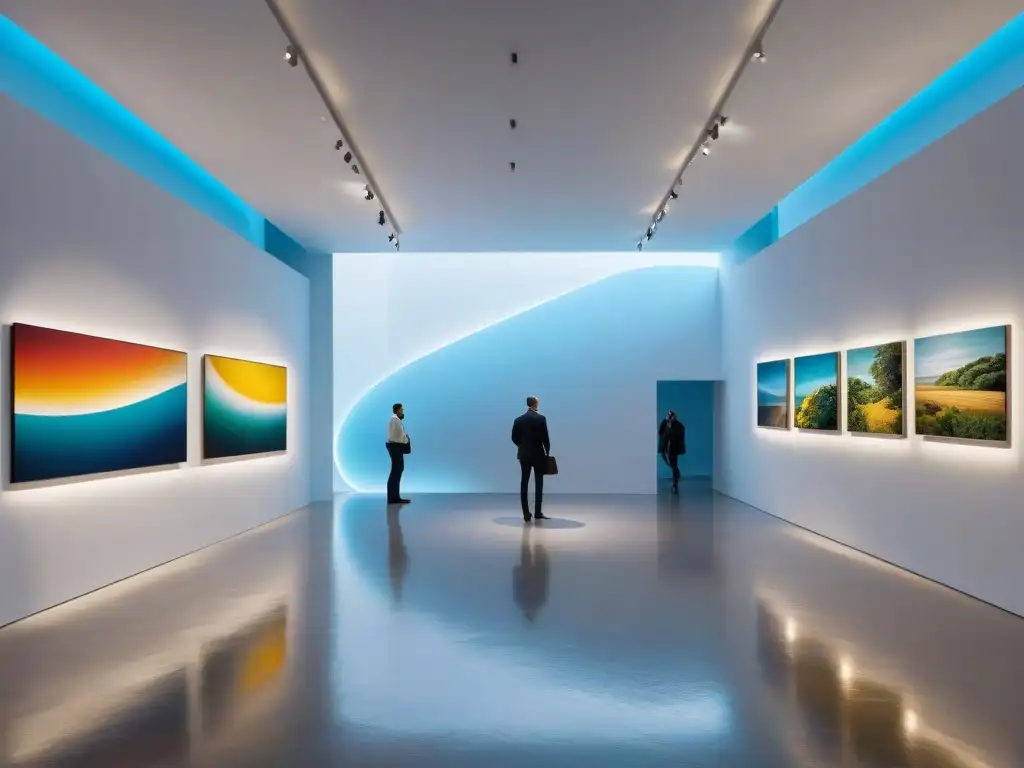 Vibrante galería de arte contemporáneo en Uruguay con obras y esculturas intrincadas, iluminación moderna y visitantes asombrados