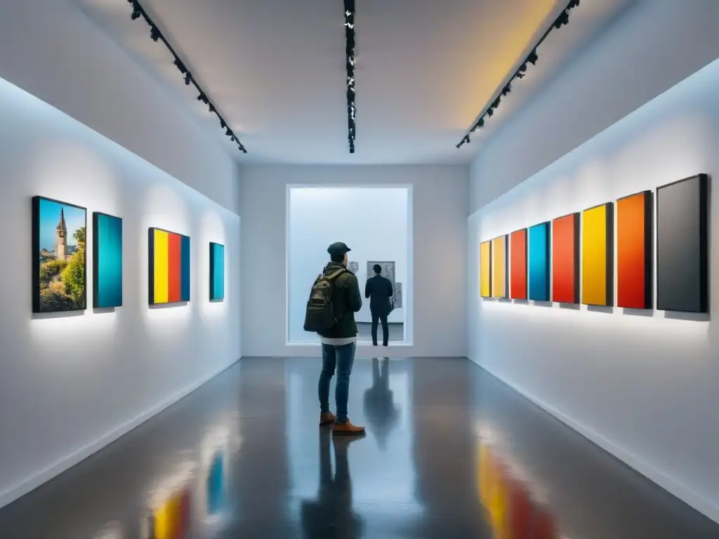 Vibrante galería de arte contemporáneo en Uruguay con obras coloridas, visitantes admirando las piezas en un espacio moderno y creativo