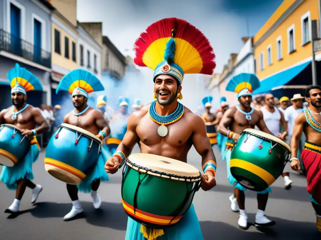 Vibrante instalación de arte contemporáneo uruguayo Candombe Carnaval con movimientos rítmicos y colores llamativos