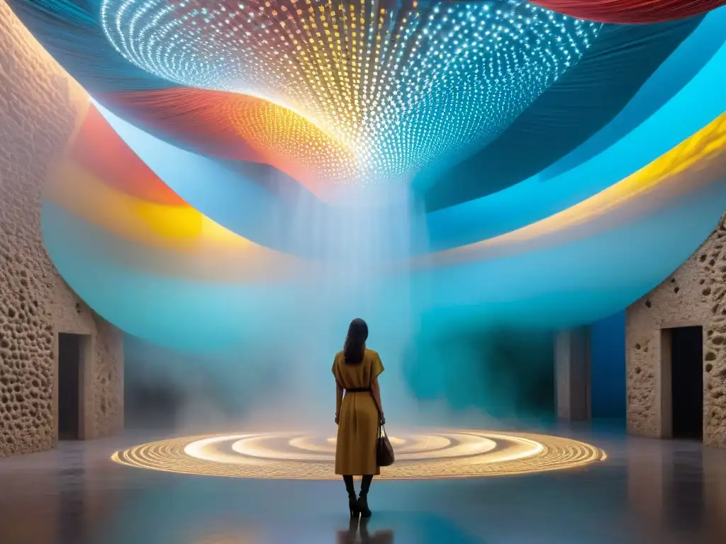 Vibrante instalación de arte contemporáneo uruguayo con colores intensos, patrones geométricos e elementos sensoriales