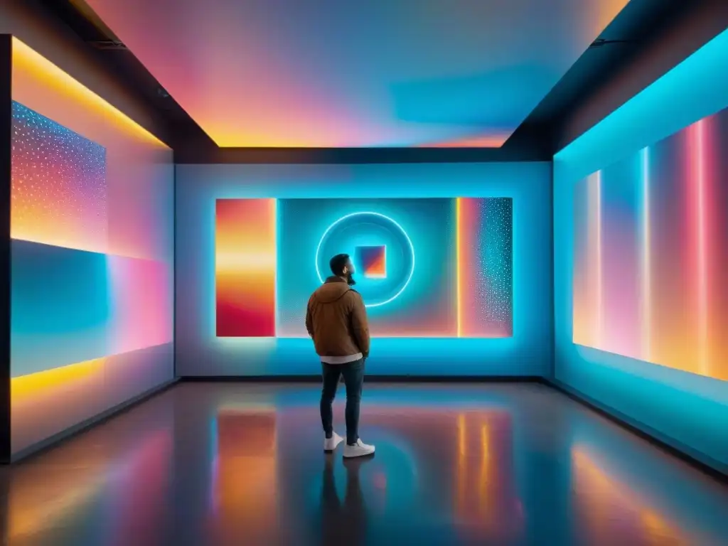 Vibrante galería de arte digital con archivos contemporáneos en hologramas futuristas