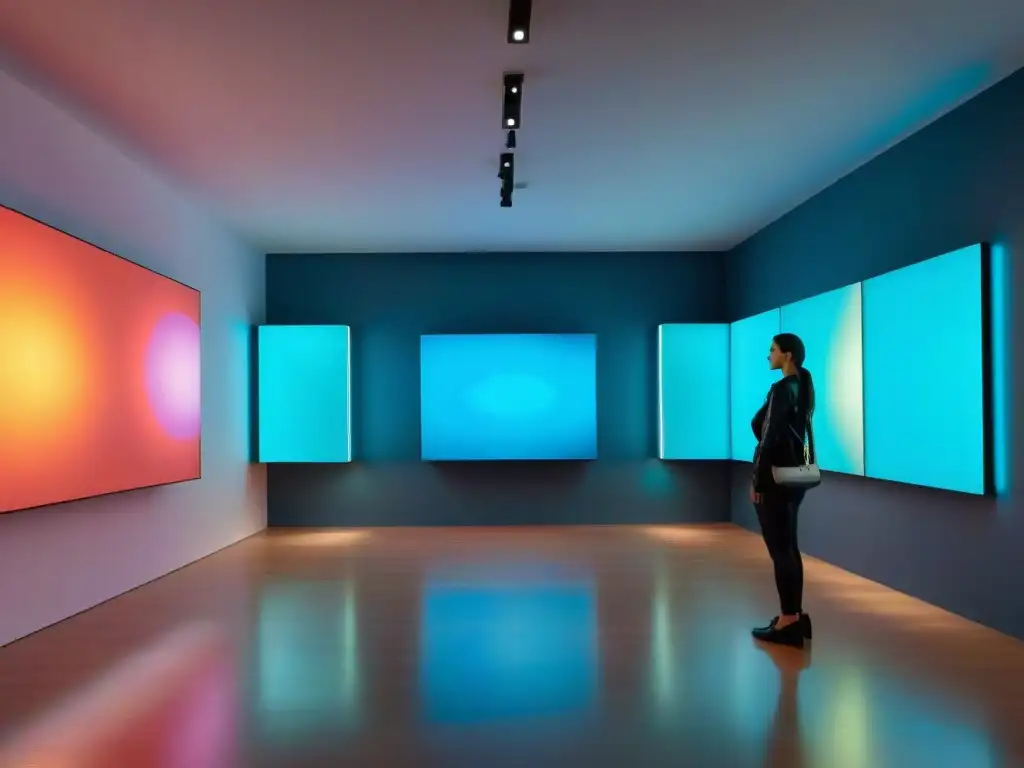 Vibrante galería de arte digital contemporáneo en Uruguay, con hologramas interactivos y arquitectura moderna