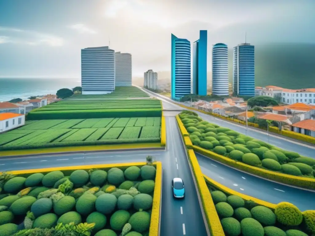 Vibrante arte digital de un paisaje urbano futurista en Uruguay, fusionando tecnología y sostenibilidad