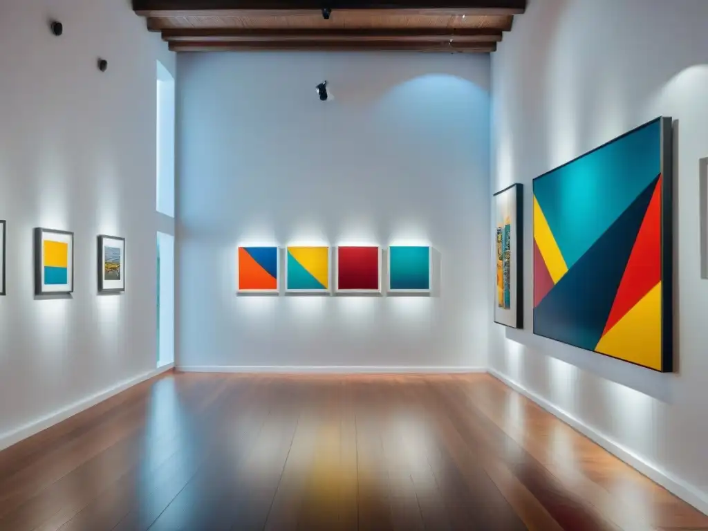 Vibrante galería de arte en Uruguay exhibiendo piezas contemporáneas y coloridas bajo una iluminación suave