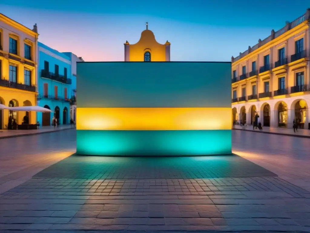 Vibrante instalación de arte visual contemporáneo en plaza urbana de Uruguay, fusionando motivos tradicionales con diseño moderno