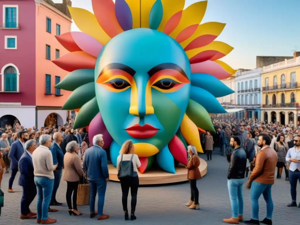 Vibrante instalación artística en Uruguay con escultura interactiva de materiales reciclados en plaza urbana al atardecer