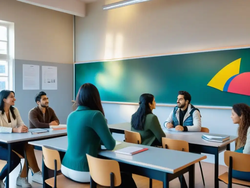 Vibrante aula con arte contemporáneo uruguayo, estudiantes diversidad participan con pasión junto a su profesor