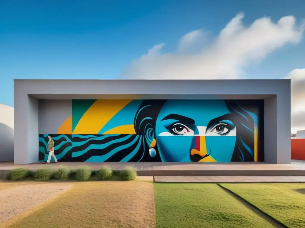 Un vibrante centro cultural emergente de arte en Uruguay, con murales coloridos, artistas y visitantes creando en galerías llenas de vanguardia