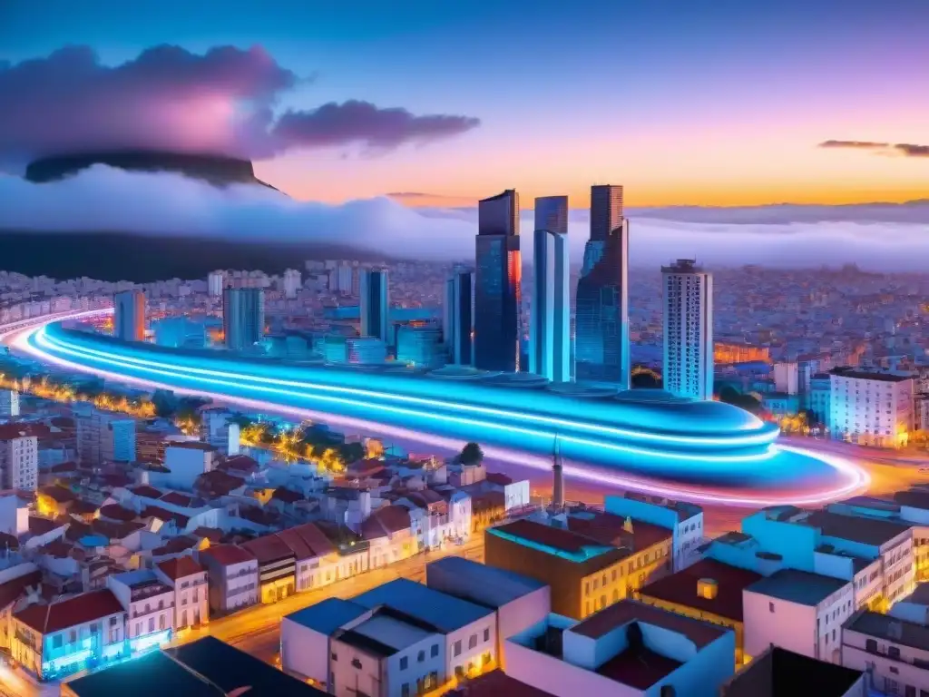 Vibrante ciudad futurista de Uruguay con luces neón y arte digital