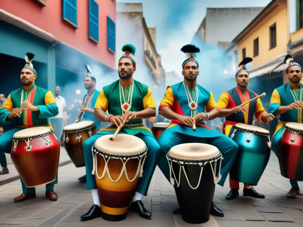 Un vibrante cuadro de Candombe en arte contemporáneo uruguayo, detallando músicos afro-uruguayos y la energía de la música