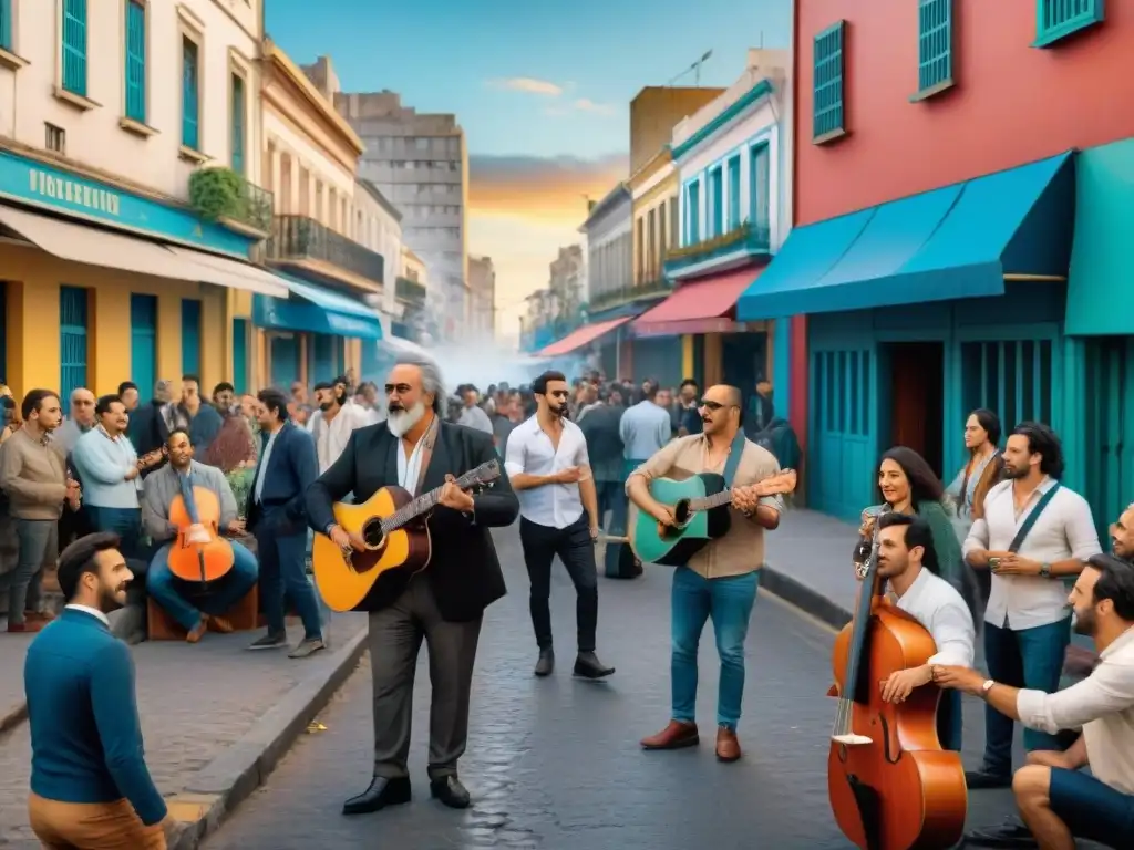 Una vibrante escena callejera en Montevideo con caricaturista y músico, reflejando la caricatura en arte contemporáneo uruguayo