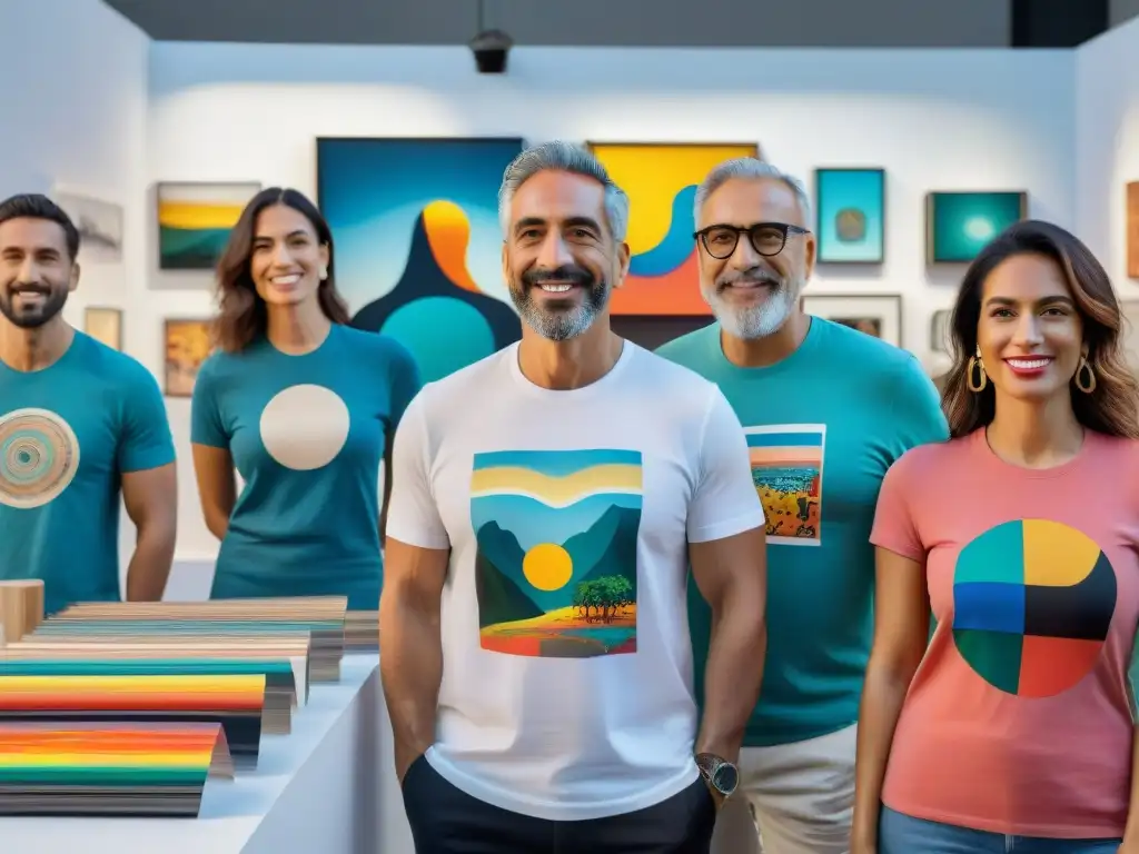 Vibrante escena de colaboraciones artísticas en merchandising uruguayo en una galería de arte moderna