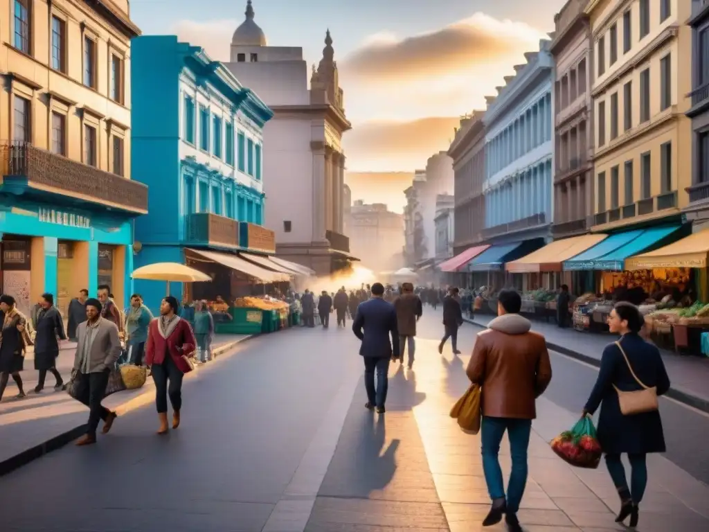 Una vibrante escena urbana en Montevideo, Uruguay, capturada al atardecer