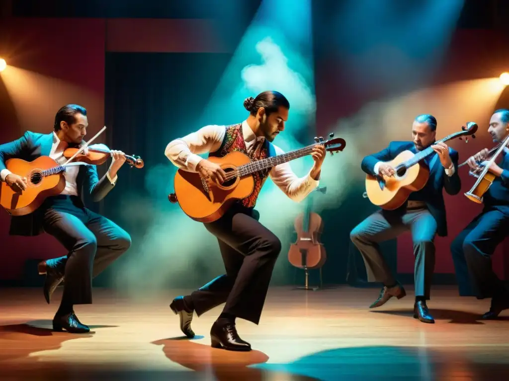 Un vibrante escenario de tango uruguayo fusionando historia y evolución en un club nocturno