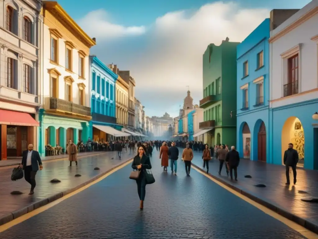 Un vibrante escenario de la vida urbana en Montevideo, Uruguay, fusionando arte contemporáneo y tradición