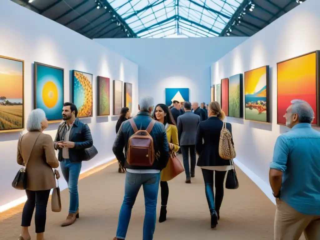 Una vibrante feria de arte uruguaya global con visitantes internacionales admirando obras de artistas uruguayos