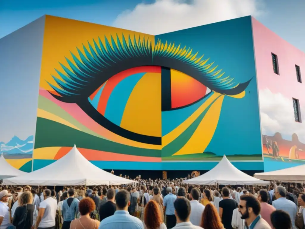 Vibrante festival de arte contemporáneo en Uruguay: murales coloridos, instalaciones interactivas y multitud diversa disfrutando de la creatividad