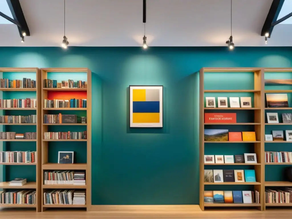 Vibrante colección de libros de arte contemporáneo Uruguay en una galería minimalista iluminada